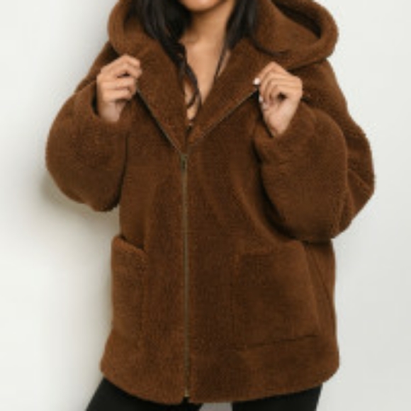 Teddy bear Sherpa hooded jacket coat in brown - Picture 5 of 8